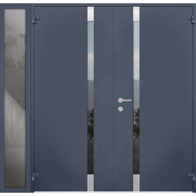 Front Exterior Prehung Steel Double Doors / Cynex 6777 Grey / 2 Side Exterior Windows / Stainless Inserts Single Modern Painted 96x80 (W12+72+12" x H80")-Left-hand Outswing