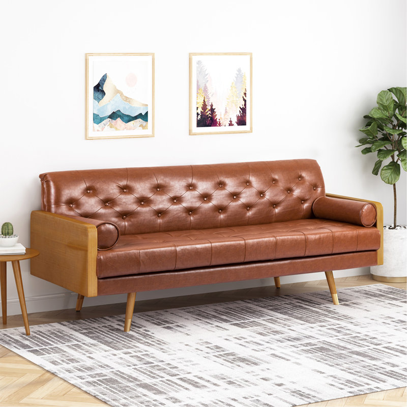 Canapé capitonné Mid-Century moderne avec coussins décoratifs roulés