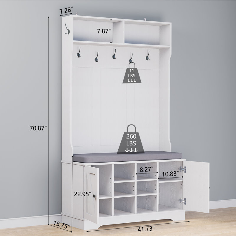 Hall Tree with Cushion and Open Shoe Cabinet,  4-In-1 Coat Rack with Storage Bench, Coat Hanger and Adjustable Shelves, 71" Height Hall Tree for Hallway, Living Room