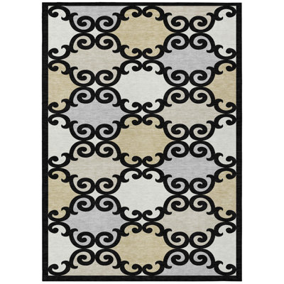 3' X 5' Black Gray And Ivory Trellis Washable Indoor Outdoor Area Rug