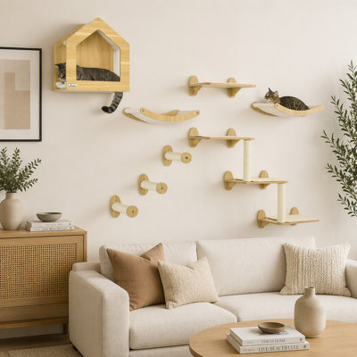 Arbre à chat mural unique PawHut avec 10 niveaux, hamacs et perchoirs incurvés pour un confort et une escalade optimaux