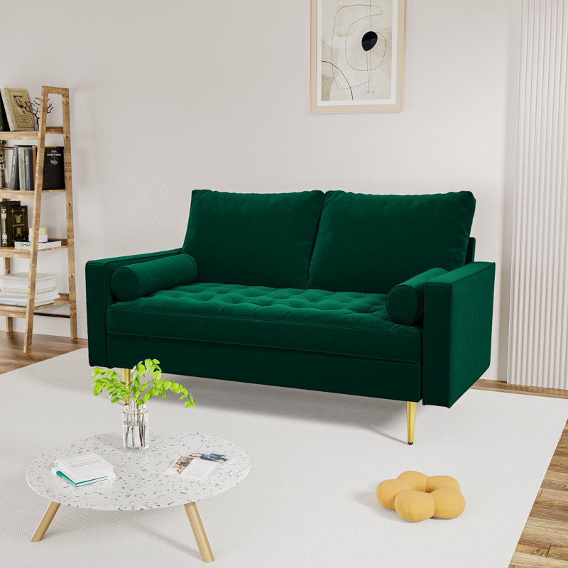 Bellinger 58" Velvet Square Arms Tufted Seat Golden Metal Feet Loveseat, Green Velvet
