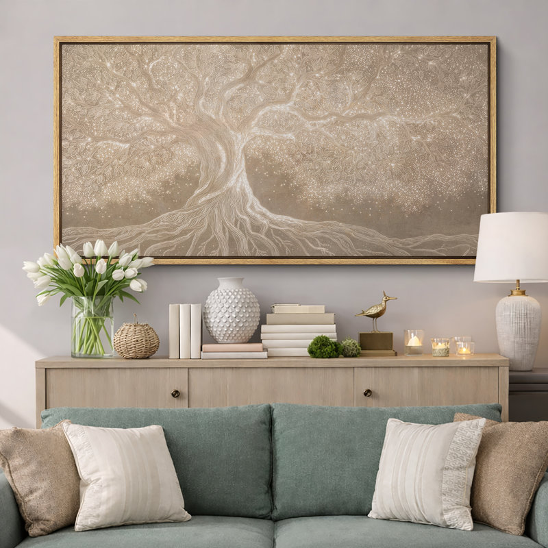 Neutral Beige Tree with Flowing Roots and Branches - Extra Large Pictures Framed Canvas Print 3 Pieces Wall Art