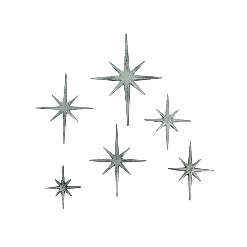 Mid-Century Modern metallic silver cast iron 8-point starburst wall sculpture set of 6 — 4.25–8.75 in. L x 0.25 in. W x 4.75–12 in. H