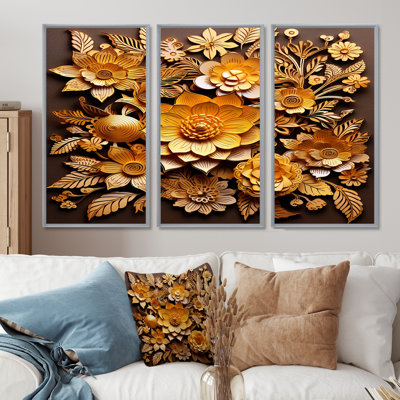 Fleur de lotus ornementale orange et or - ensemble de décoration murale art floral moderne
