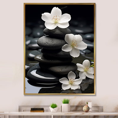 Zen Zen Serenity fleurs blanches pierre noire Cairn - impressions spirituelles sur pierre