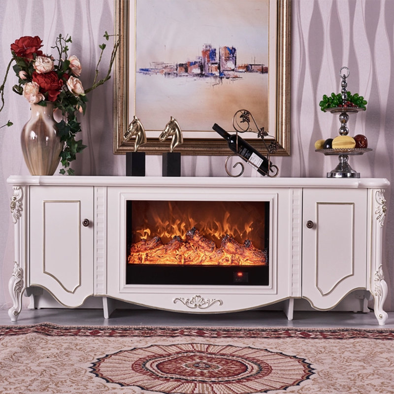 Beige Solid Wood TV Cabinet Fireplace