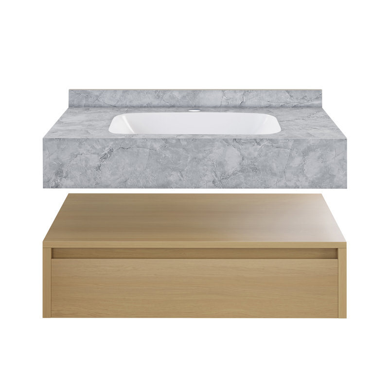 Meuble-lavabo mural 36 po Avancer en chêne naturel avec plateau en marbre noir Avancer, Chêne naturel, Gris