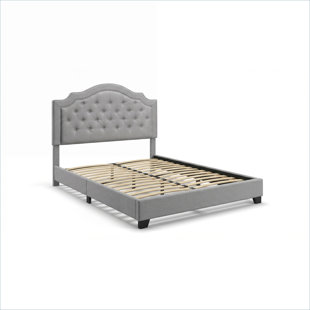 Underbed Storage Clearance Platform Bed Bedroom Classic Gray Linen Upholstered Queen Size with Tall Padded Headboard
