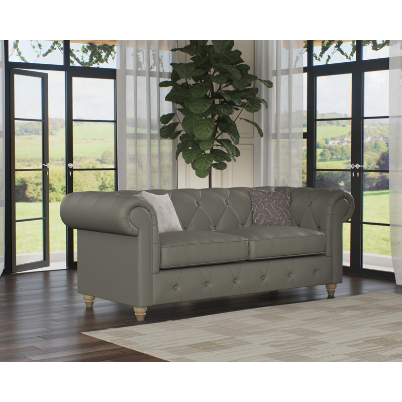 Melrose 3 Seater Leather Sofa, Stone Grey, Walnut