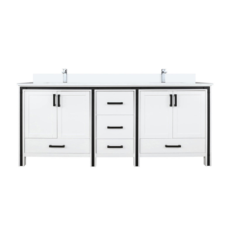 Ensemble de meuble-lavabo double blanc D 22 po, comptoir en quartz blanc et robinet, H 35,13 po x l 21,38 po x P 73 po, Blanc