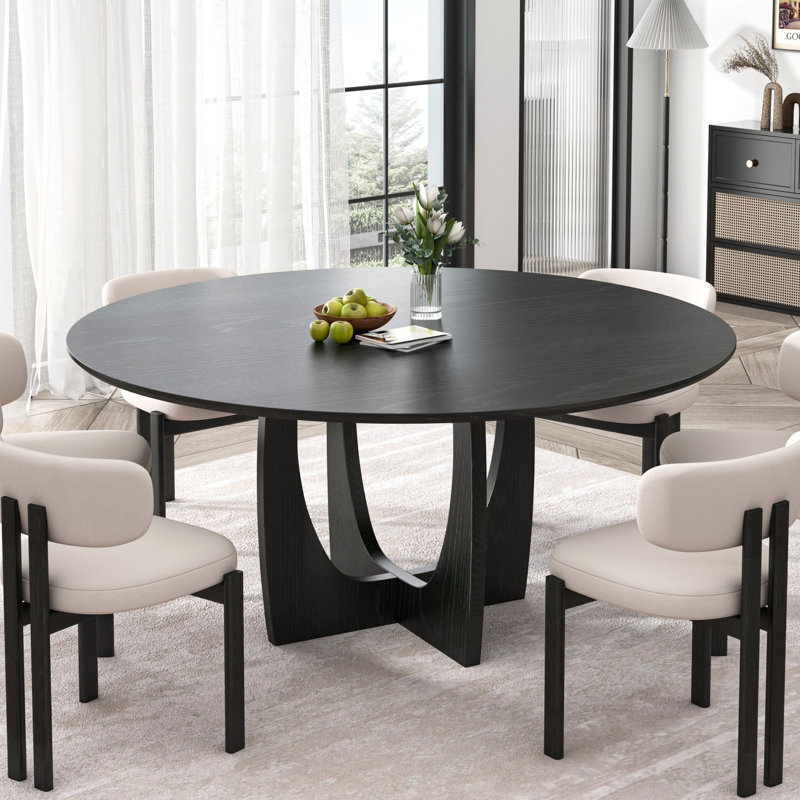 30" H Round Solid and Manufactured Wood Cross Pedestal Dining Table, 30"H x 59"L x 59"W, Black