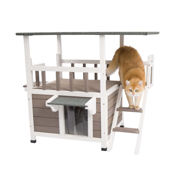 Two-Story Gray and White Wooden Outdoor Cat House with Balcony