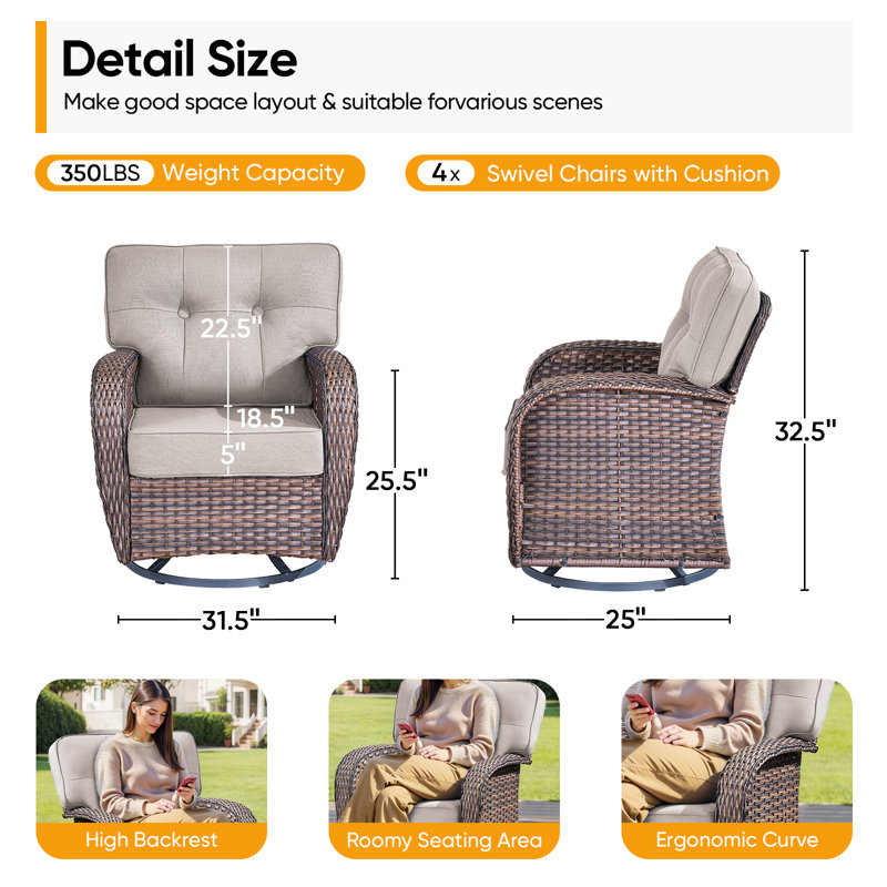Ensemble de conversation pivotant avec coussins 4 pièces Nikole, Beige