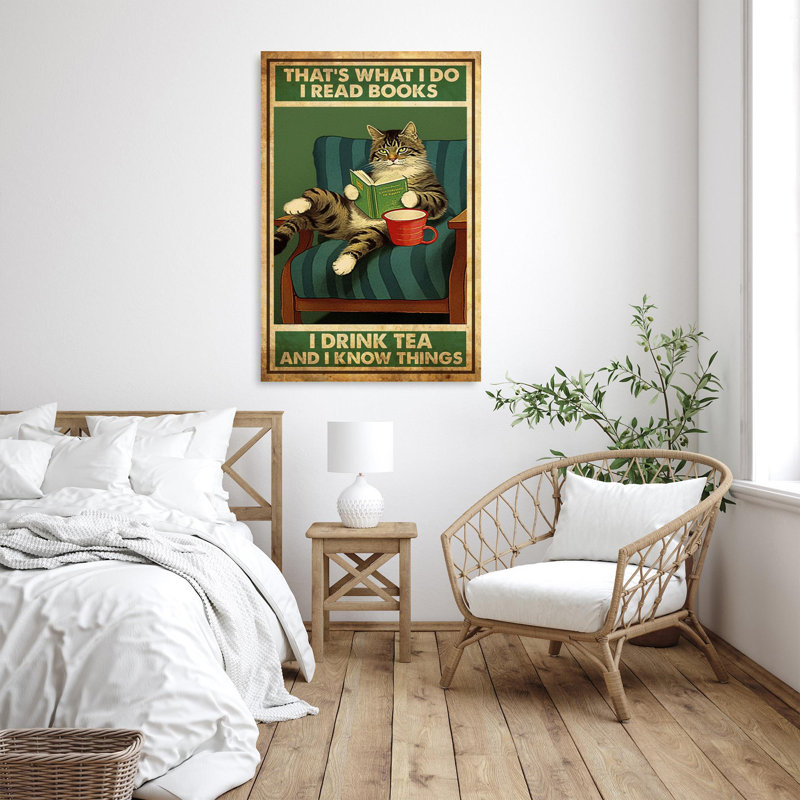 "Chat, je lis des livres, je bois du thé" - 1 pièce, H 36 po x l 24 po x P 1,25 po