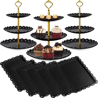 9 Pcs Black Cake Stand Set, Crown Style Dessert Table Display Kit with 6 Rectangle Cupcake Stands and 3 Round 3-Tier Serving Trays for Wedding Birthday Party