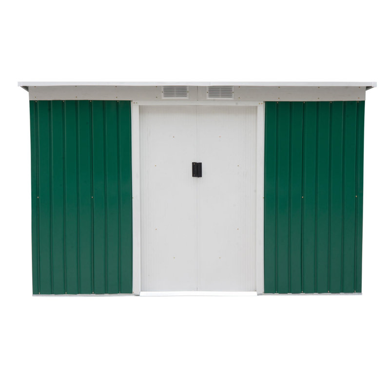 Outsunny 9' x 4' Outdoor Storage Shed, Metal Garden Tool House with Sloping Roof and Lockable Door for Backyard, Bike, Patio, Garage, Lawn, Green