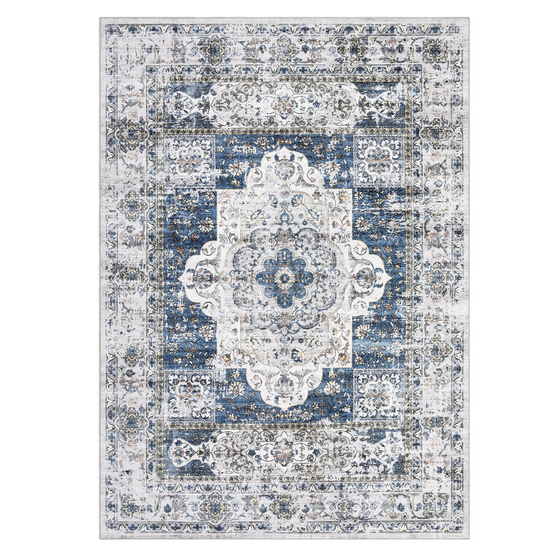 Machine Washable Rug Vintage Distressed Flower Rug Non Slip Low Pile Thin Floor Carpet, Soft Non Shedding Stain Resistant Rug for Kichen Bedroom Living Room