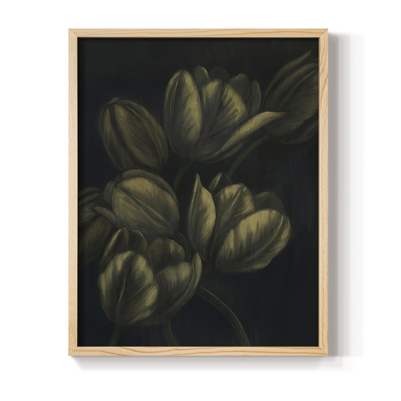 Tulipes dorées I, reproduction encadrée - bois massif, Naturel, H 11 po x l 9 po