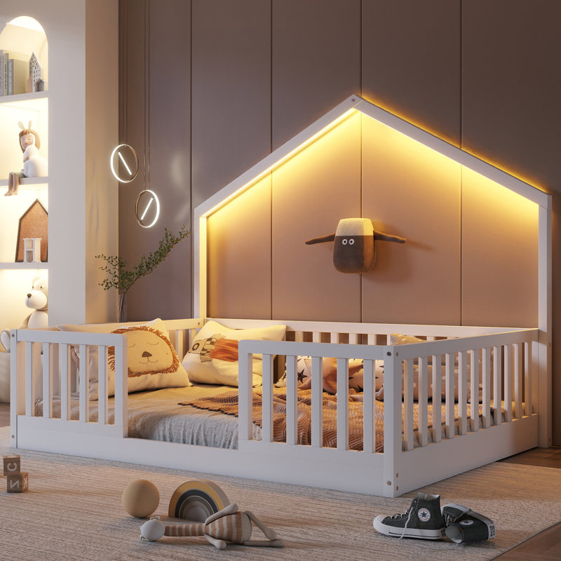 Twin Size Montessori Floor Bed with High Rails, Wood House Beds Frame with LED Light,Low Profile Montessori Bed Twin with Slats for Kids,Boys, Girls, Easy to Assembly,