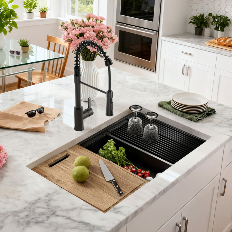 Évier de cuisine moderne en acier inoxydable noir, encastré de 30 pouces avec accessoires multifonctionnels pour la maison