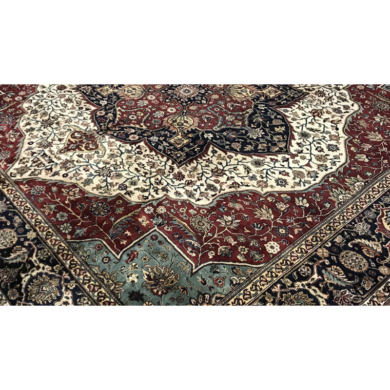 Tapis crème et bleu noué à la main de haute qualité