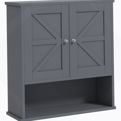Farmhouse Bathroom Wall Cabinet, Wall Mounted Medicine Cabinet With Open Shelf & Adjustable Shelf, Storage For Laundry Room, Gray