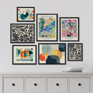 Matisse Mid-Century Modern Multicolor Abstract Shapes Pictures Framed Wall Art 7 Pieces Paper Print