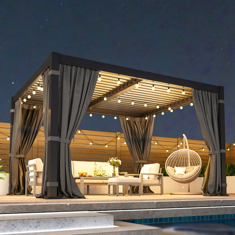 10' x 12' Louvered Pergola with Curtains & Netting, Outdoor Pergola with Adjustable Metal Louvers & Hidden Drainage, Weather Resistant Patio Pergola for Backyard, Poolside