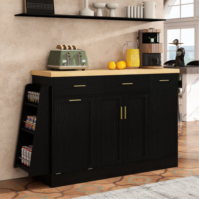 Black Kitchen Sideboard With Hidden Tilt - Down Trash Cabinet, Smooth Sliding Drawers, And 3 Tier Spice Rack, Two Tone Wood Finish Design Dining Room Can Holder, Double Door Black, Ample Storage Space