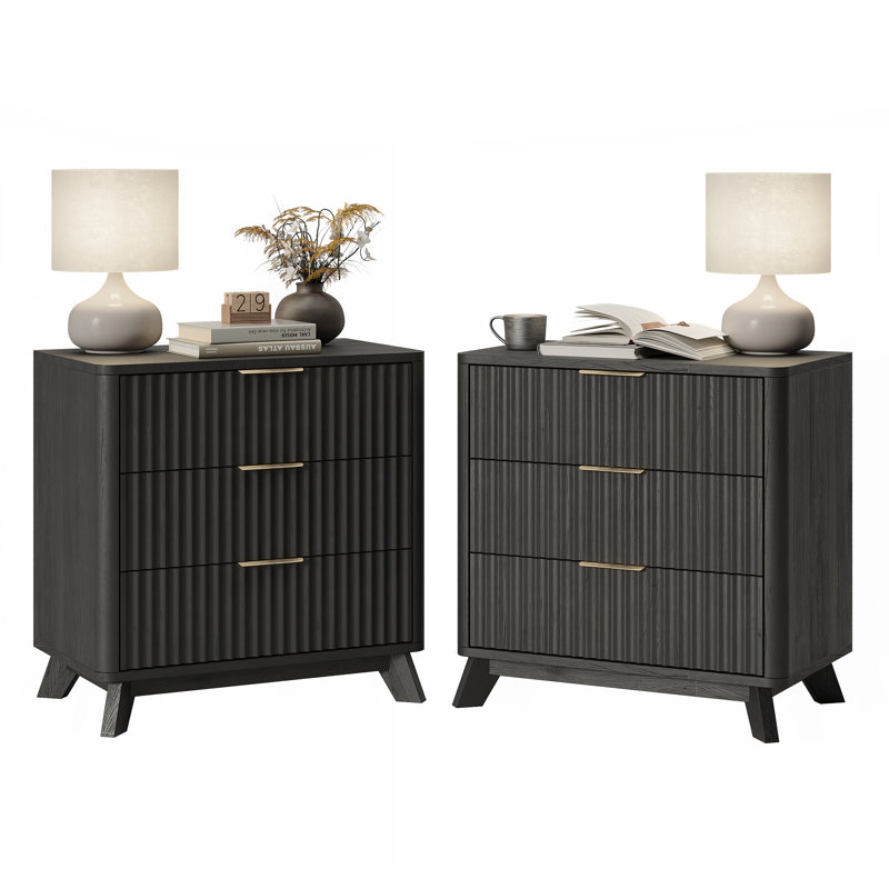 Donati Fluted Nightstand With 3 Drawers, Black