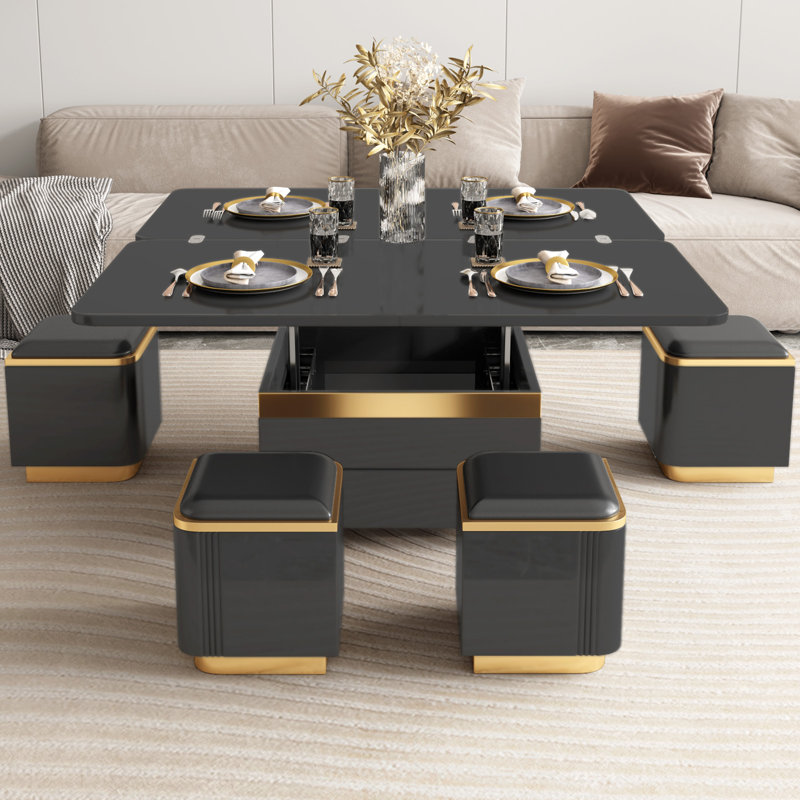 47.24”Modern Lift Top Coffee Table with 4 Stools,Extendable Center Table for Living Room,Dining Room,Office