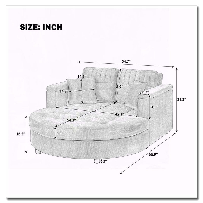 Canapé-lit rembourré avec siège capitonné et coussins amovibles 54,7 po Curved Chaise Lounge, Brown