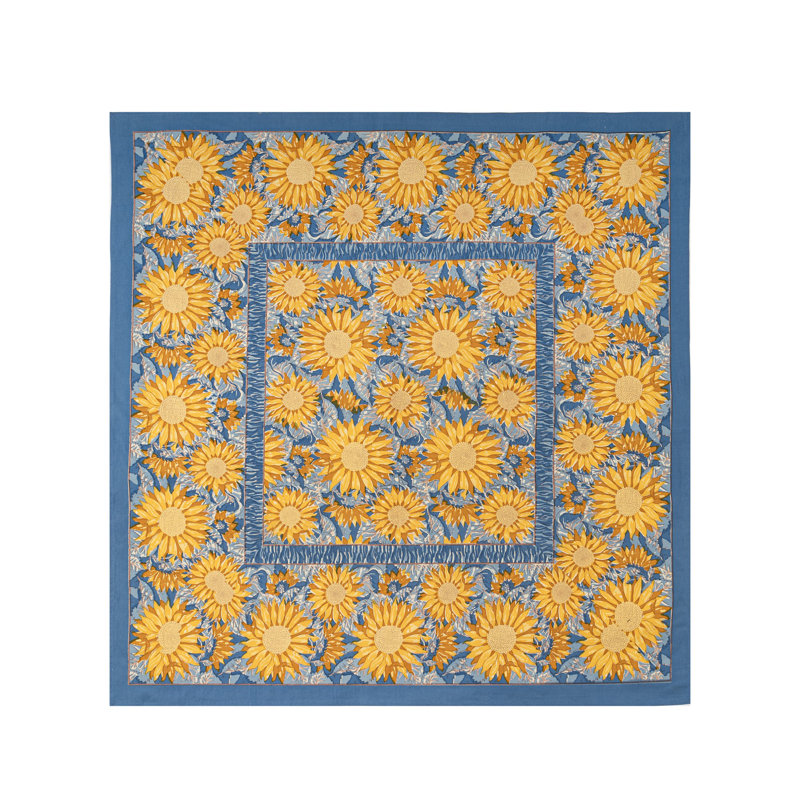 Sunflower Handmade Floral Tablecloth, Blue, 90" W x 90" L