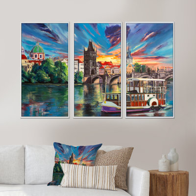 «Cityview Of Prague By Sunset», peinture sur toile 3 pièces