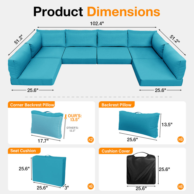 Ensemble de 14 coussins de remplacement de 14 pièces pour l'extérieur pour mobilier de patio (ensemble de 6 coussins, 6 dossiers, 2 coussins Coner SEULEMENT LES COUSSINS NON INCLUS)