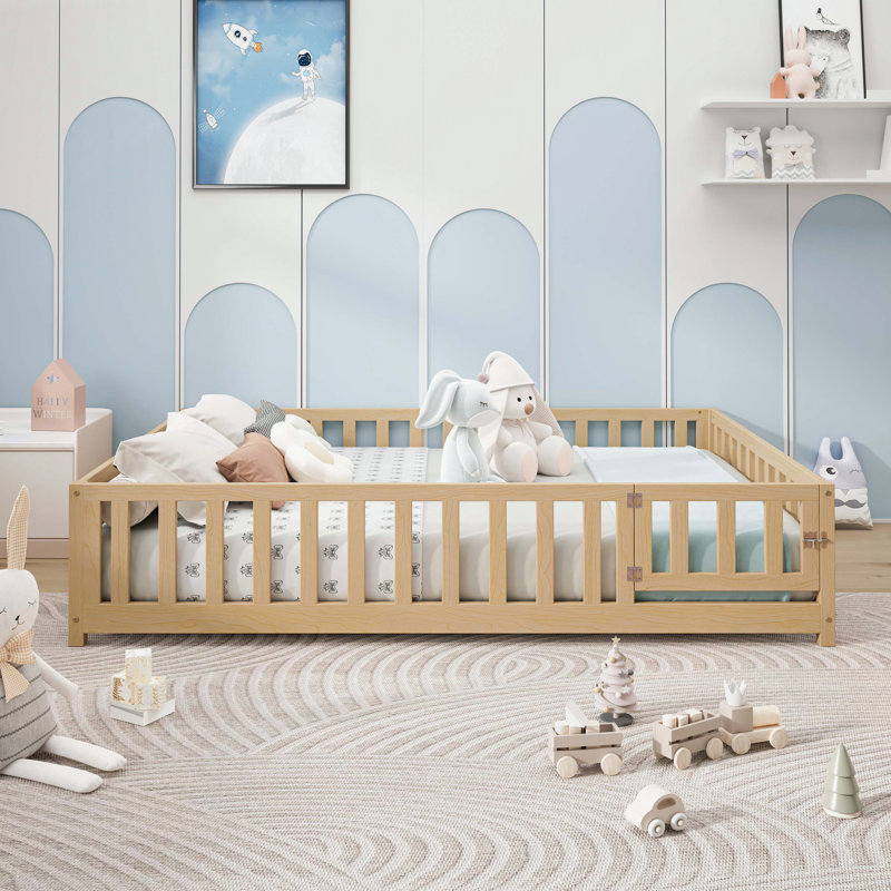 Full Size Floor Platform Bed with Fence and Door for Kids, Montessori Floor Bed Frame with Support Slats for Toddlers, Wooden Floor Bed Natural