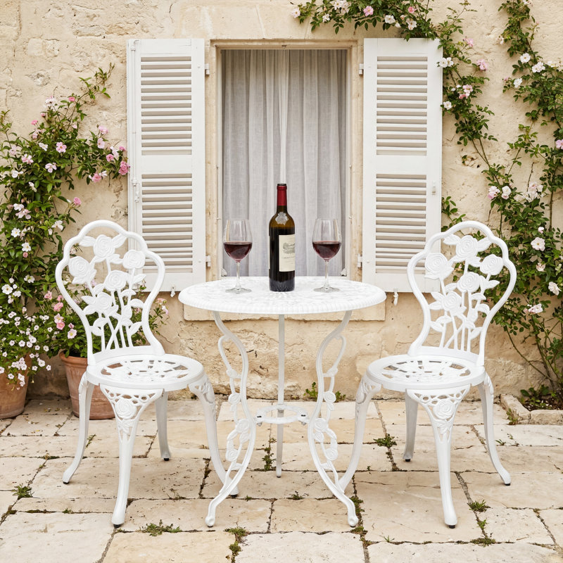 Ensemble bistro 3 pièces, ensemble bistro d'extérieur, ensemble bistro en aluminium coulé et chaises, ensemble de 2 petites tables d'extérieur pour véranda, blanc