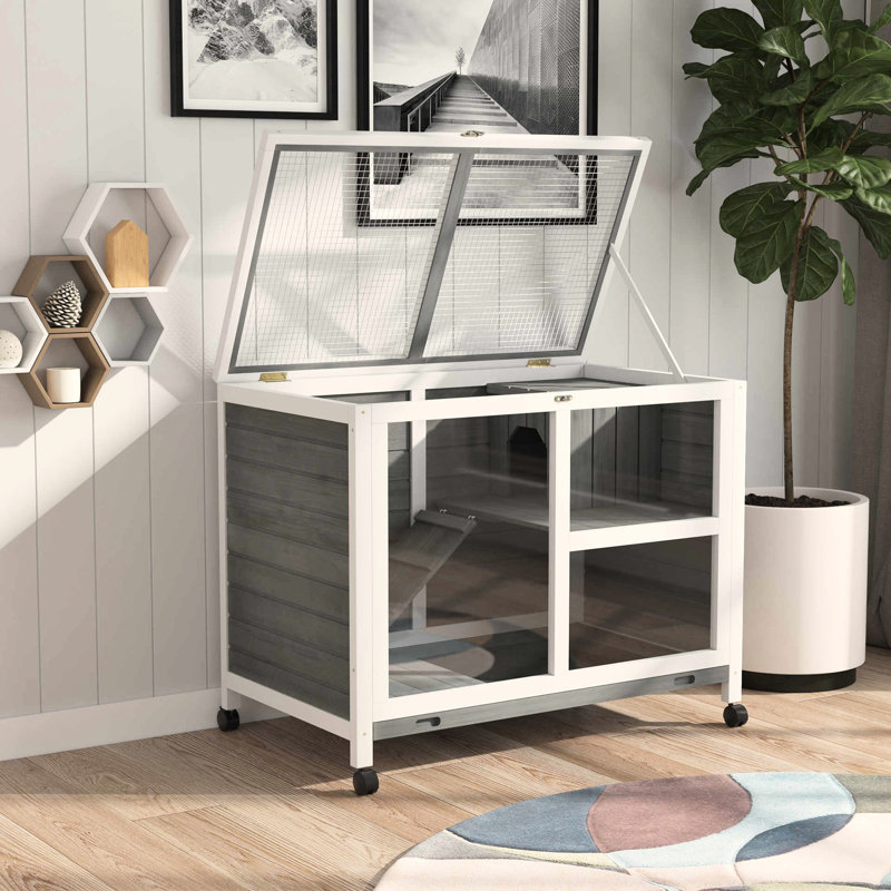 Lapin d'intérieur sur roulettes - Gris, imperméable, taille bureau et cage d'appoint gris espace Petit bois imperméable pour 1 ou 2 lapins nains. Fenêtre transparente l 36 po x l 21 po x H 28,75 po