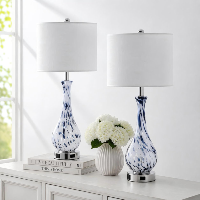 Tylek 27.5 in. Glass USB Table Lamp with USB Type-C Ports and Built-in Outlet
