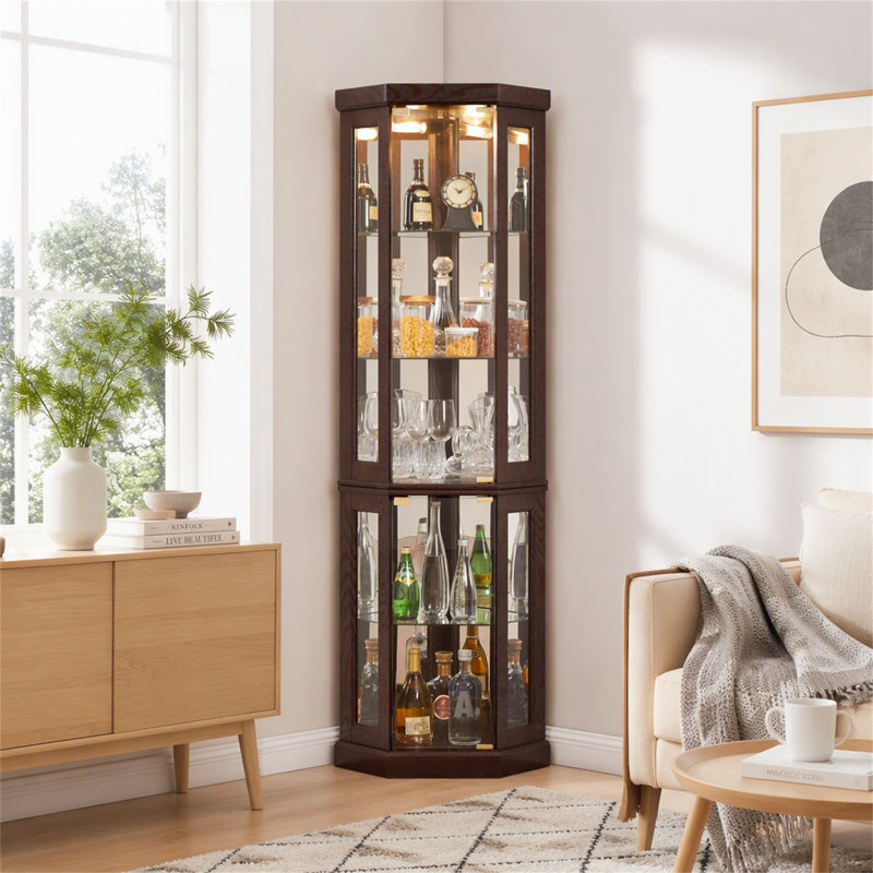 Vitrine d'angle lumineuse en verre, vitrine de coin autoportante avec éclairage intégré, armoire de rangement pour antiquités, objets de collection, verres à vin, bar, salon