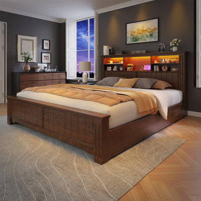 Farmhouse Storage Bed Frame With Headboard & Led Light & Usb, 4 Drawers Under Bed, Built In Charging Station, No Noise, No Box Spring Needed