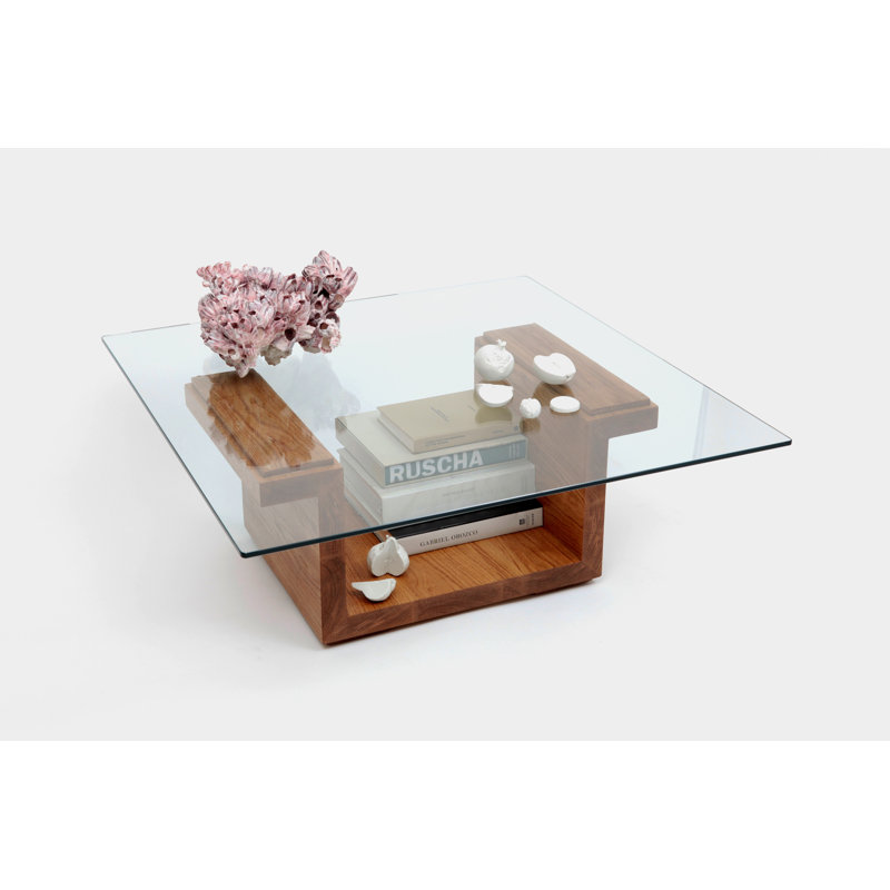 SQG Glass Top Coffee Table, White Oak, 14.5" H x 38" L x 38" W