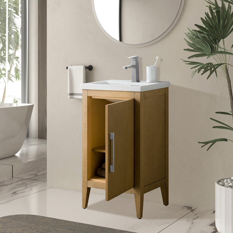 Ensemble de meuble-lavabo simple 20 po avec plateau en céramique Chambery, Chêne naturel, Nickel brossé