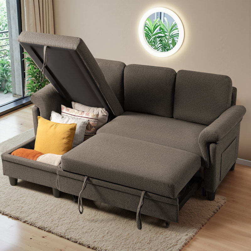 Versatile Sectional Sofa Couch, Small Sleeper Sofa with Storage and Pull-Out Bed, Brown