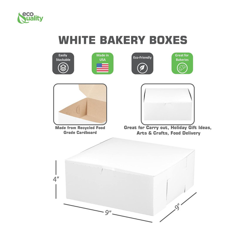 Boîtes à pâtisserie en carton kraft blanc 9 x 9 x 4 Ecoqualité - pour pâtisseries, biscuits, gâteaux, tartes, boîtes-cadeaux et fêtes de naissance (50)