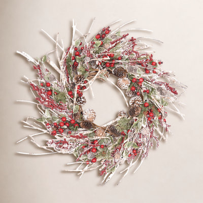 26" Farmhouse Berry Pine Winter Christmas Birch Wreath for Front Door