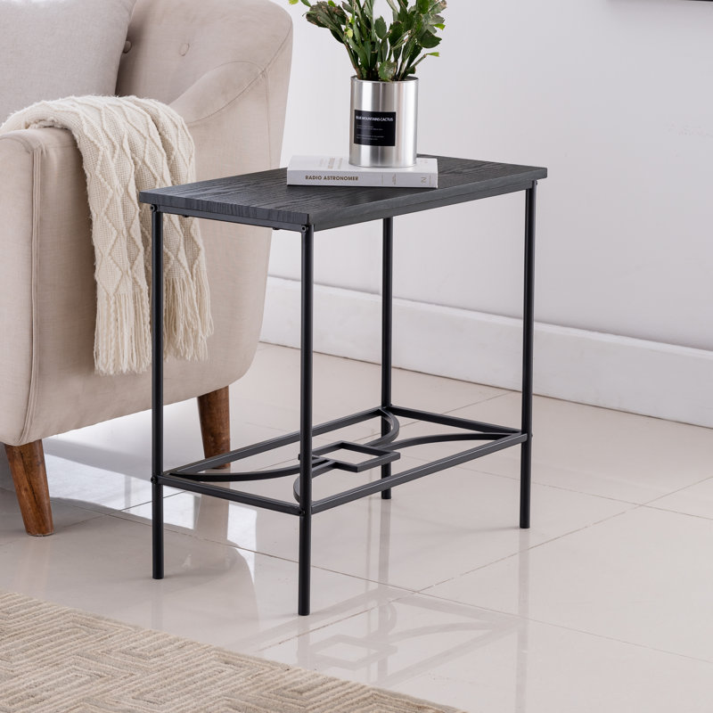 Table de bout rectangulaire moderne avec cadre en acier avec tablettes de rangement et plateau en bois