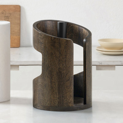 Wooden Paper Towel Holder with Negative Space Design for Kitchen and Table Decor, Anti Skid Base, Eco Friendly Mango Wood & Metal Rod - Chocolate / Black