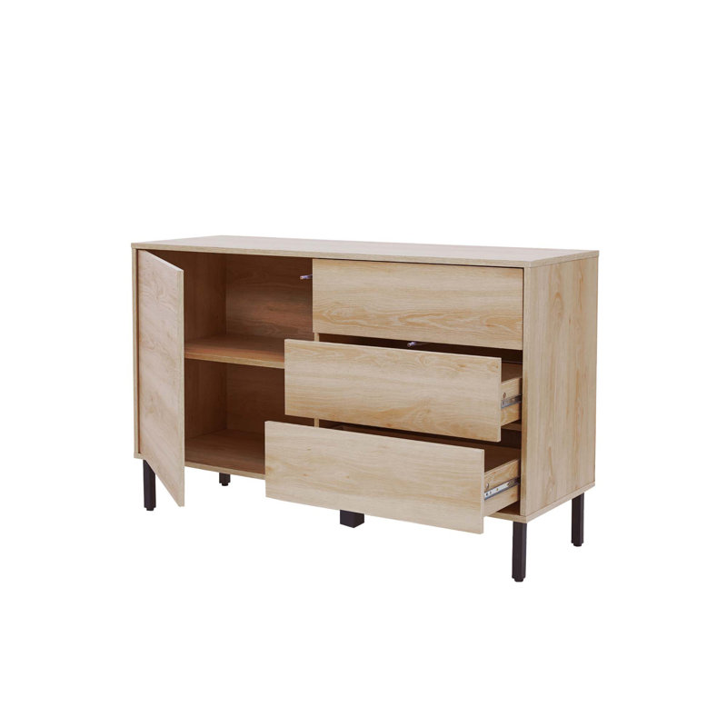 Mid-Century Modern Oak Sideboard Storage Credenza with 3 Drawers and Adjustable Shelf Cabinet